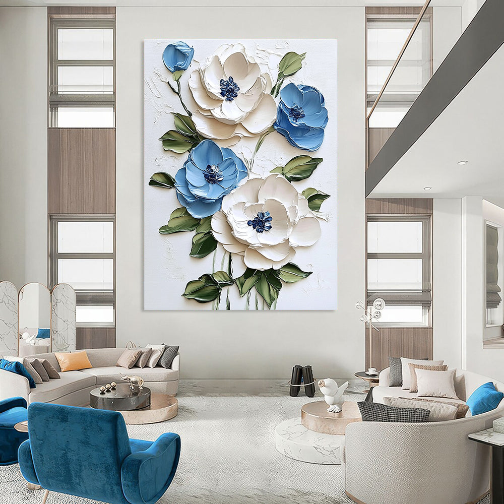 3D Blue and White Flowers Floral Art for Cottage - Style Bedroom & Garden - Themed Café STSC1471