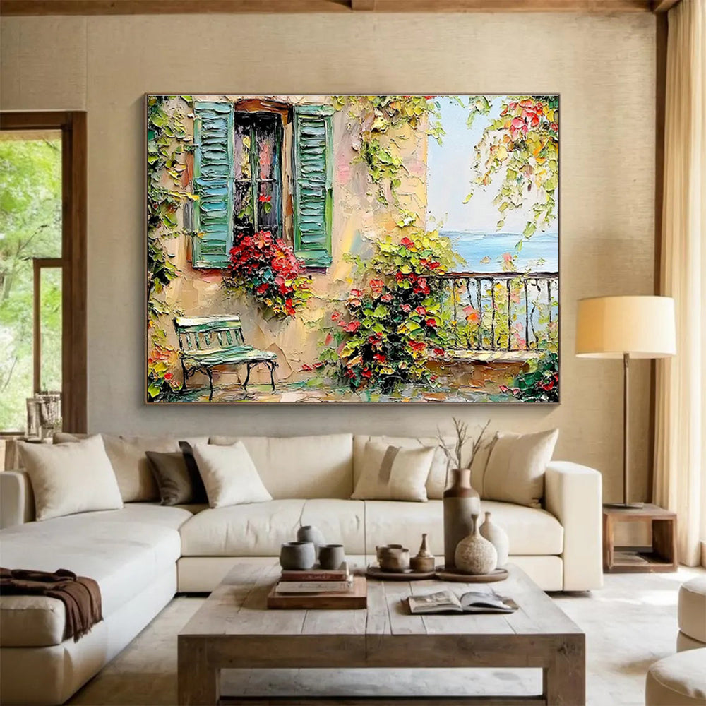 Coastal Cottage with Flower Boxes Art for Charming Nautical - Themed Cafés DLZ3076