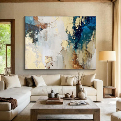 Gold - Blue Abstract Composition Art for Elegant Dining Hall DLZ2896