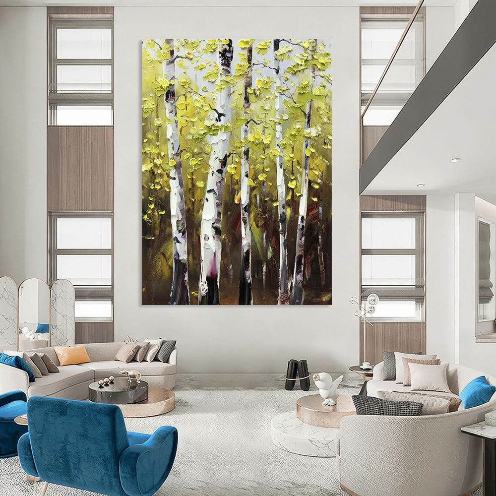 Golden - Leaf Birch Forest Oil Painting for Autumn - Themed Home & Rustic Restaurant DLZ1289