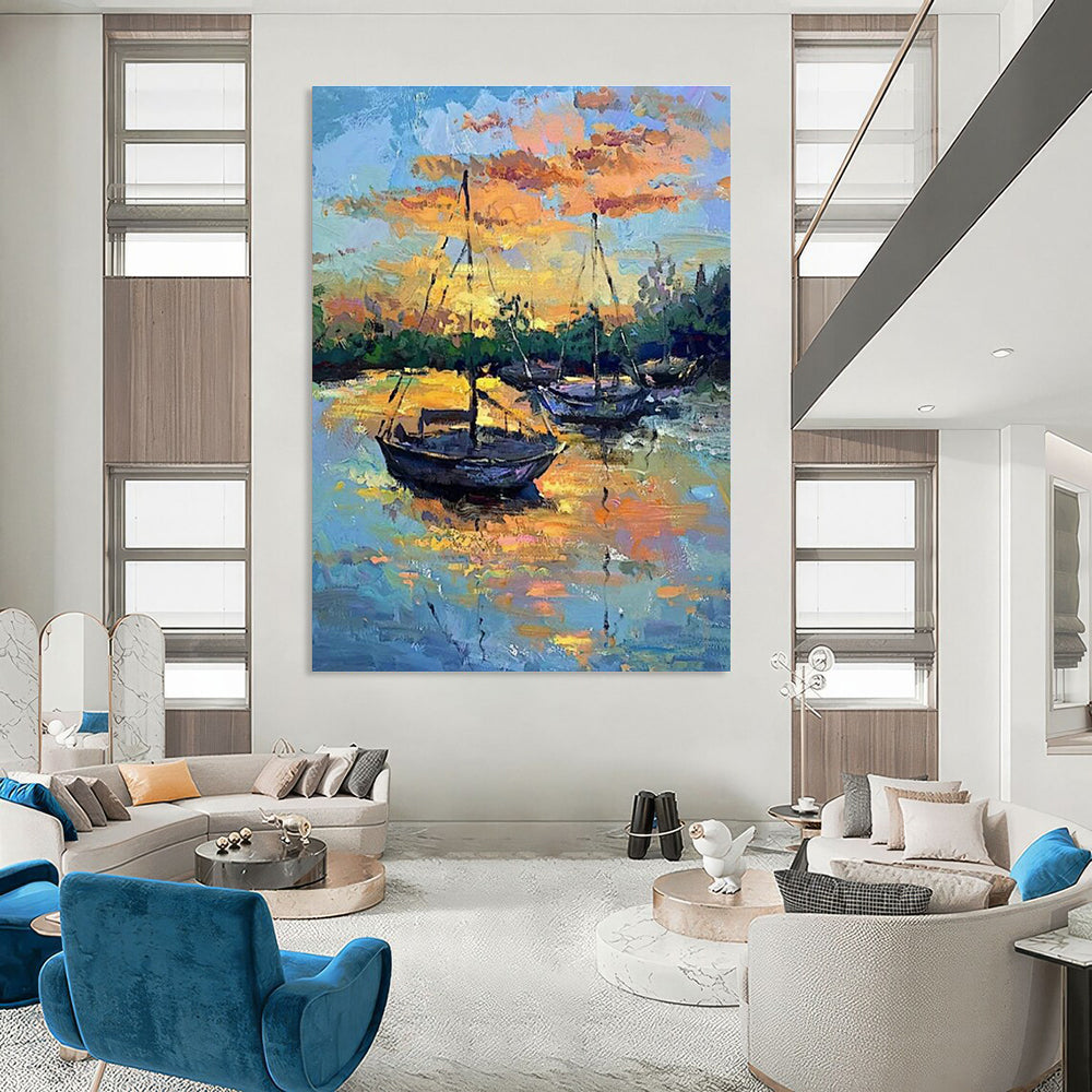 Sunset Sailboats Oil Art for Living Room & Cottages DLZ0321