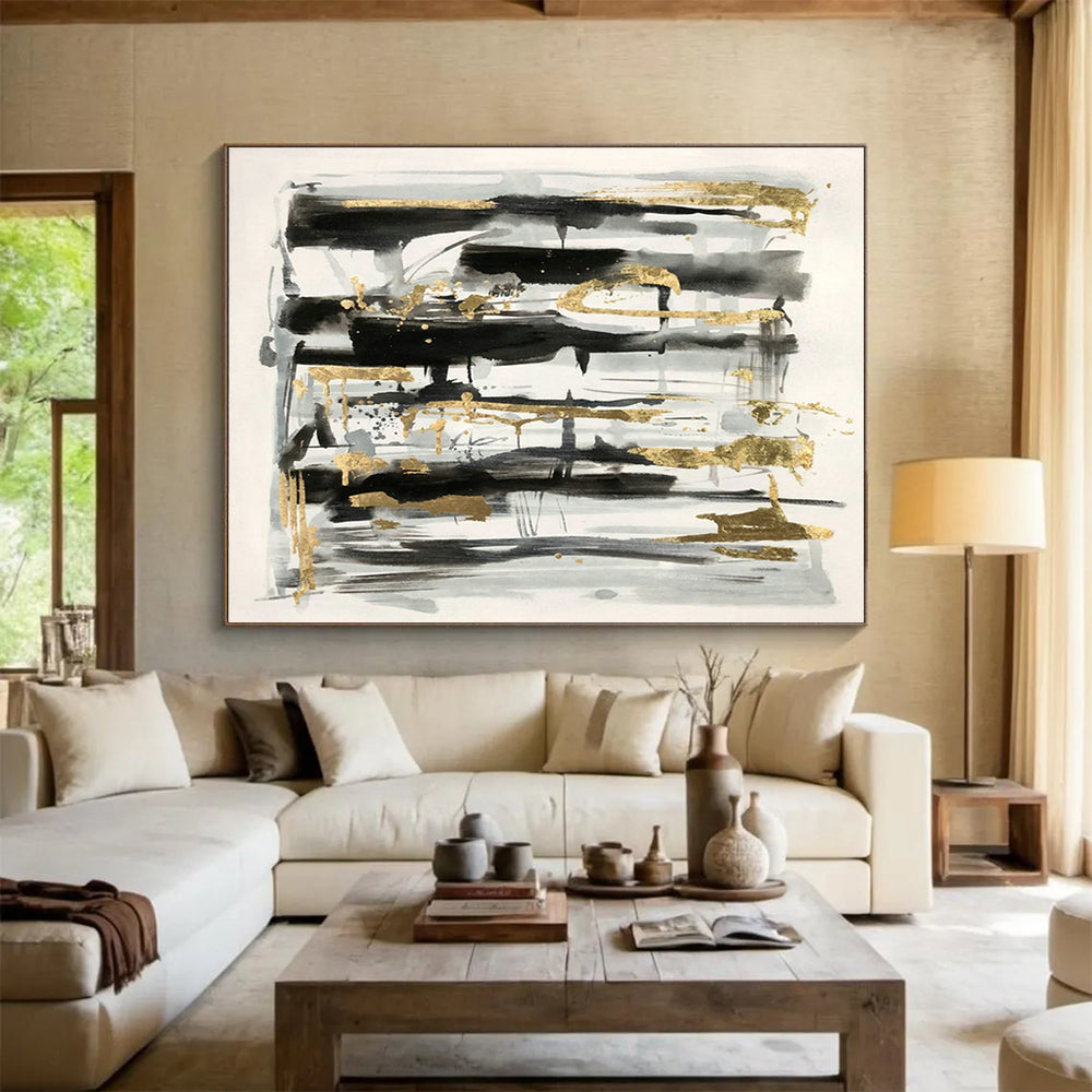 Black - Gray - Gold Abstract Art for Luxury Hotel Lobby Feature Walls DLZ3230