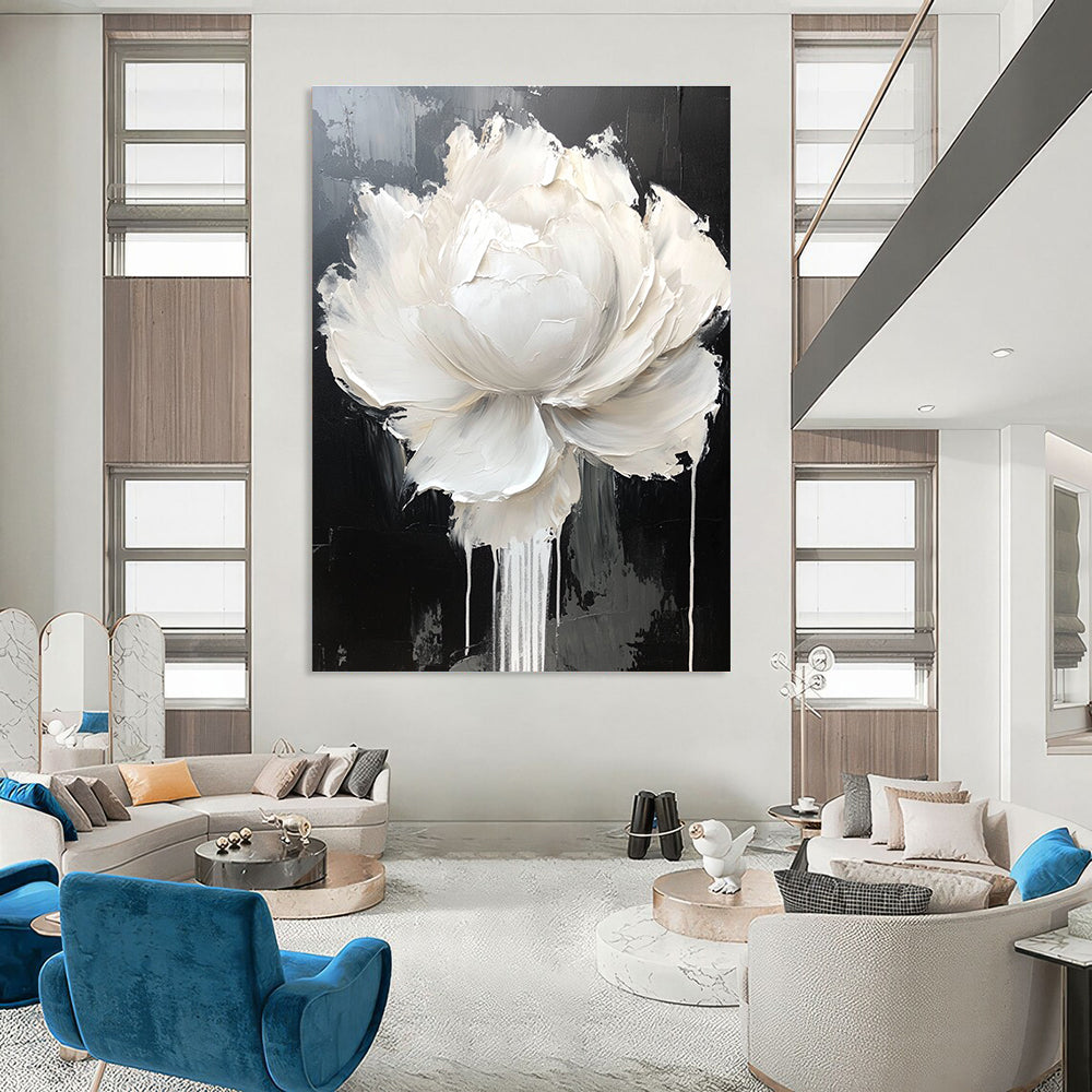Large White Flower on Black for Luxury Dining Room & High - End Art Showroom STSC517