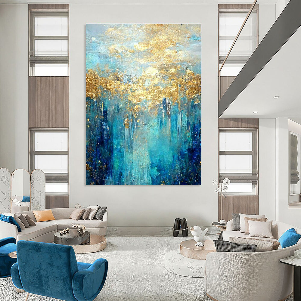 Gold - Blue Forest - Inspired Abstract Art for Luxury Lakeside Villa & Upscale Art Lounge DLZ1912