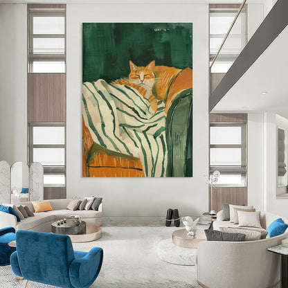 Orange Cat on Striped Blanket Art for Pet - Lover’s Bedroom & Cat Café DLZ0702