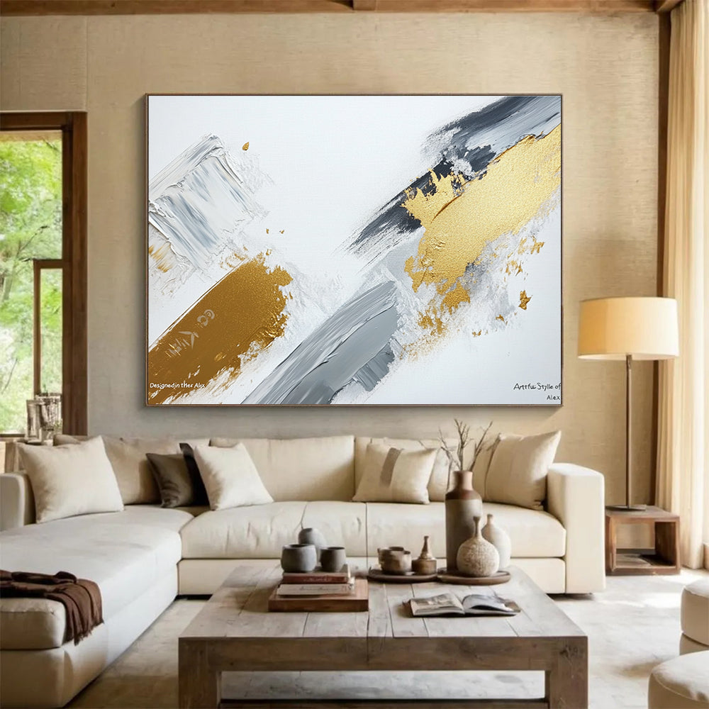 Gold, Gray and White Strokes Art for Chic Home Office & High - End Café Lounge SC293