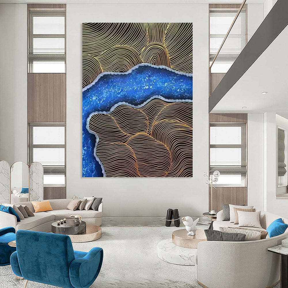 Gold - Line & Blue - Pattern Abstract Art for Luxury Hotel Lobby & Bohemian Bedroom DLZ1352