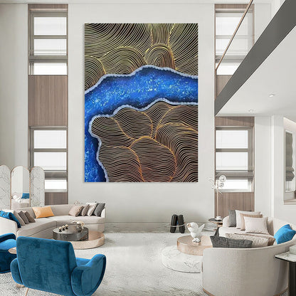 Gold - Line & Blue - Pattern Abstract Art for Luxury Hotel Lobby & Bohemian Bedroom DLZ1352