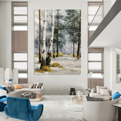 Snowy Birch Forest Oil Painting for Chalet Bedroom & Winter Retreat Lounge DLZ1290