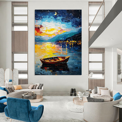 Colorful Night Lake with Boat for Lakeside Lodge & Romantic Dining Room STSC1132