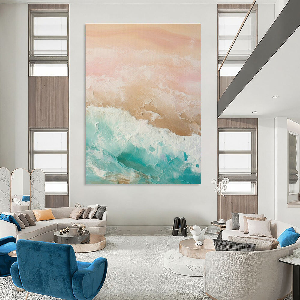 Pastel Ocean Waves Abstract Art for Beachfront Villa Living Room & Bohemian Café DLZ1631