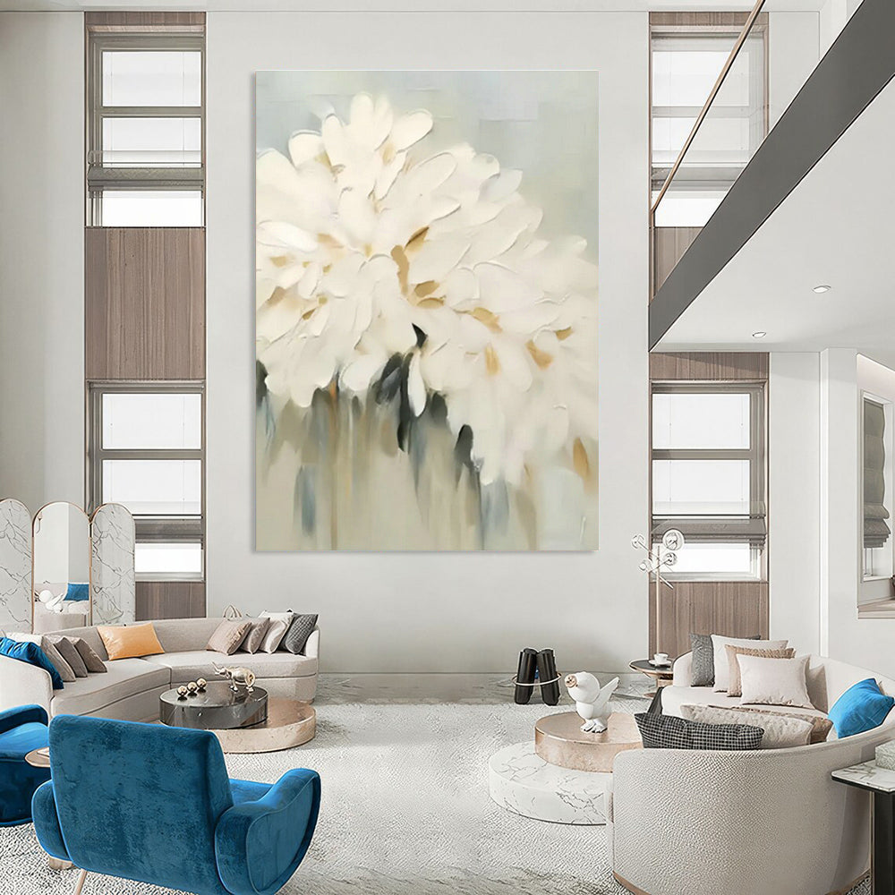 White Floral Textured Painting for Elegant Bedroom & Charming Café DLZ0861