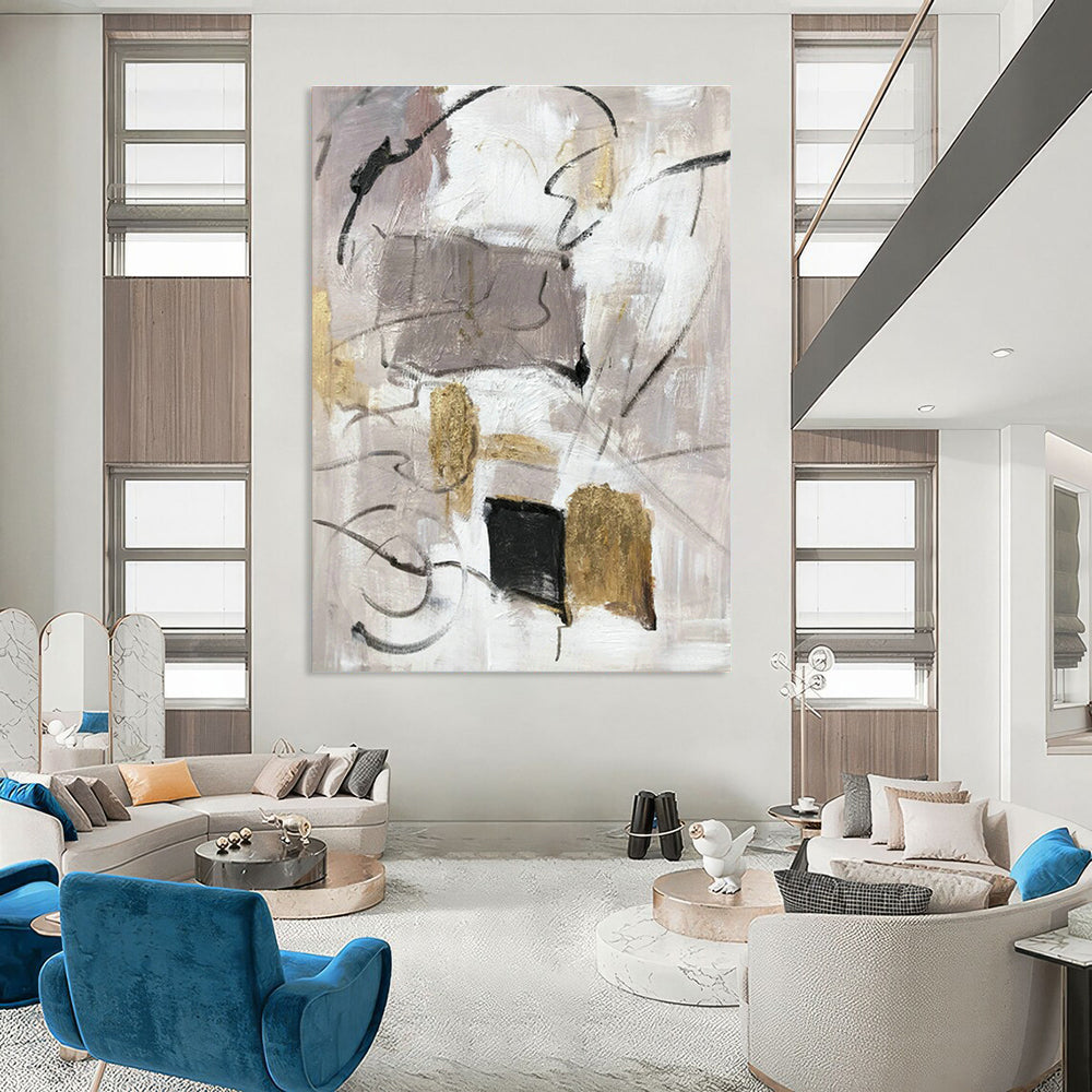 Gray - Gold Abstract Painting for Modern Minimalist Office & Luxury Hotel Suite DLZ1292