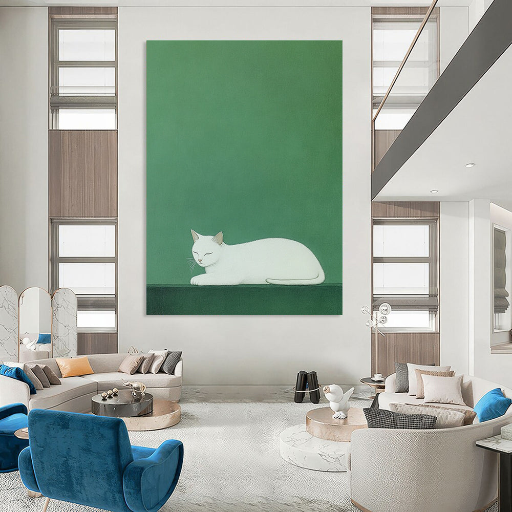 Sleeping White Cat Minimalist Pet Art for Scandinavian - Style Home & Calm Home Library STSC1473