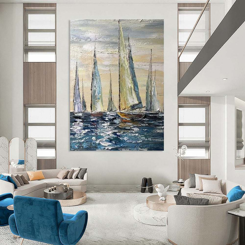 Sailing Boats Oil Painting for Nautical Yacht Club & Beach House Dining Room DLZ0852
