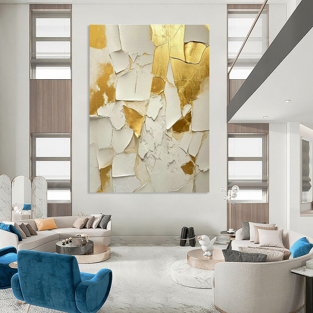 White - Gold Cracked Art for Entryway & Living Room DLZ0328