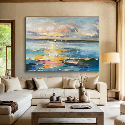 Sea View with Sailboats Oil Painting for Nautical - Themed Living Rooms DLZ2499