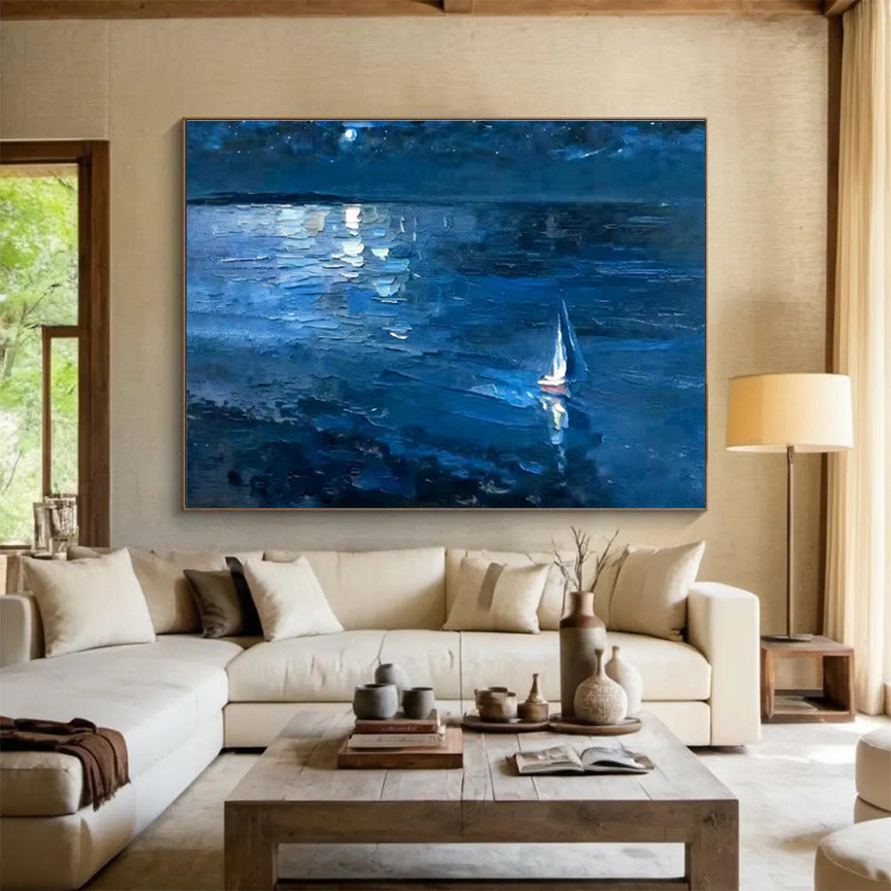 Moonlit Sea View Oil Painting for Coastal - Themed Living Rooms DLZ2484