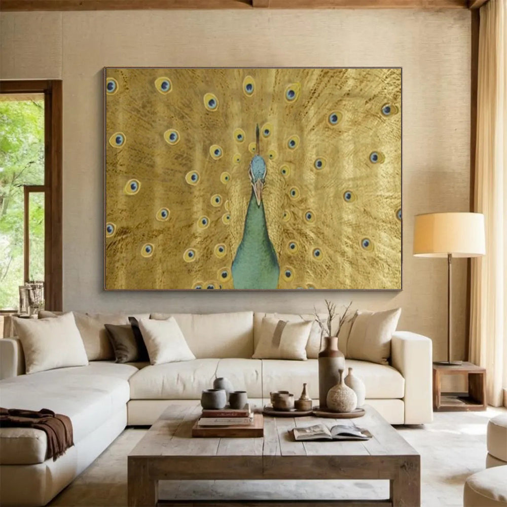 Golden Peacock with Open Feathers Art for Luxe Hotel Lobbies DLZ3124