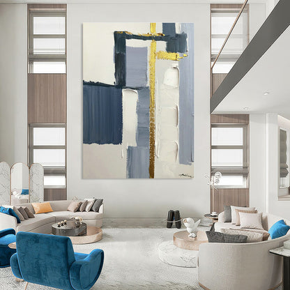 Blue, Gray & Gold Abstract Art for Coastal Home Living Room & High - End Office Waiting Area DLZ0825