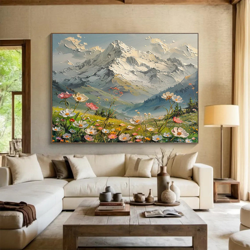 Snowy Mountain & Wildflower Field Art for Inspirational Home Office DLZ3058