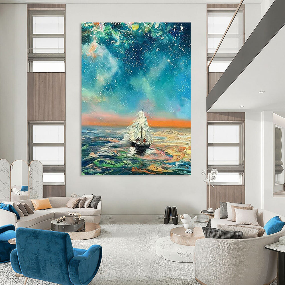 Starry Night Sailboat Oil Painting for Nautical - Themed Bar & Beach House Bedroom DLZ1056