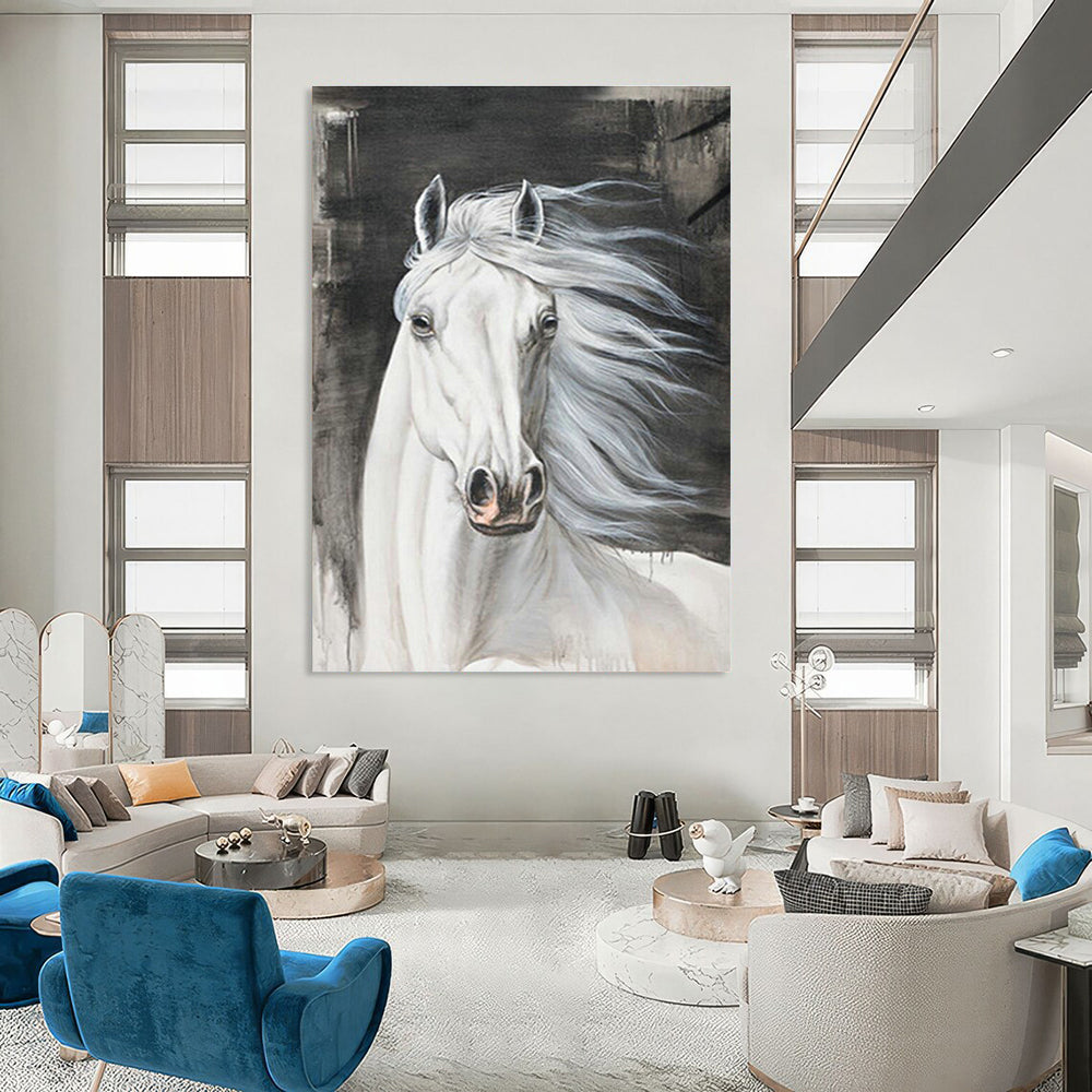 White Horse Portrait Art for Equestrian Clubhouse & Traditional Home Library DLZ2229