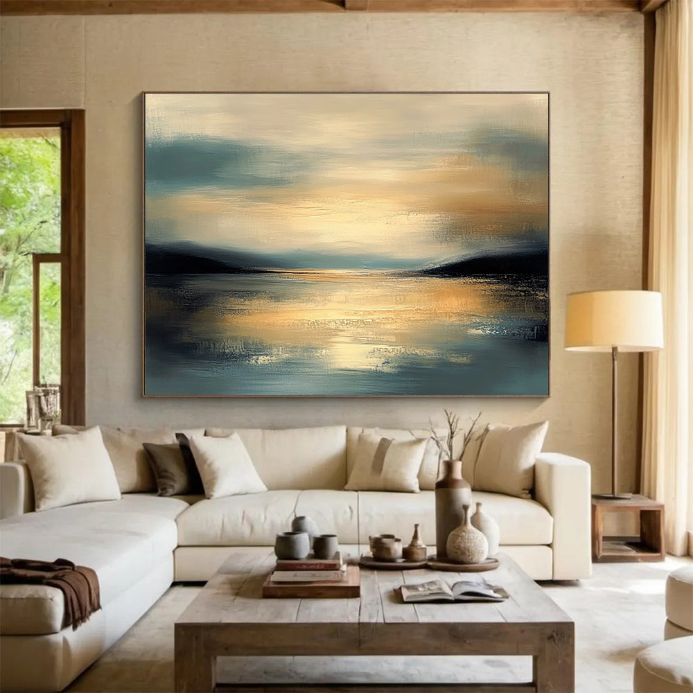 Golden Lake Sunset Art for Lakeside Villa & Luxury Living Room SC064