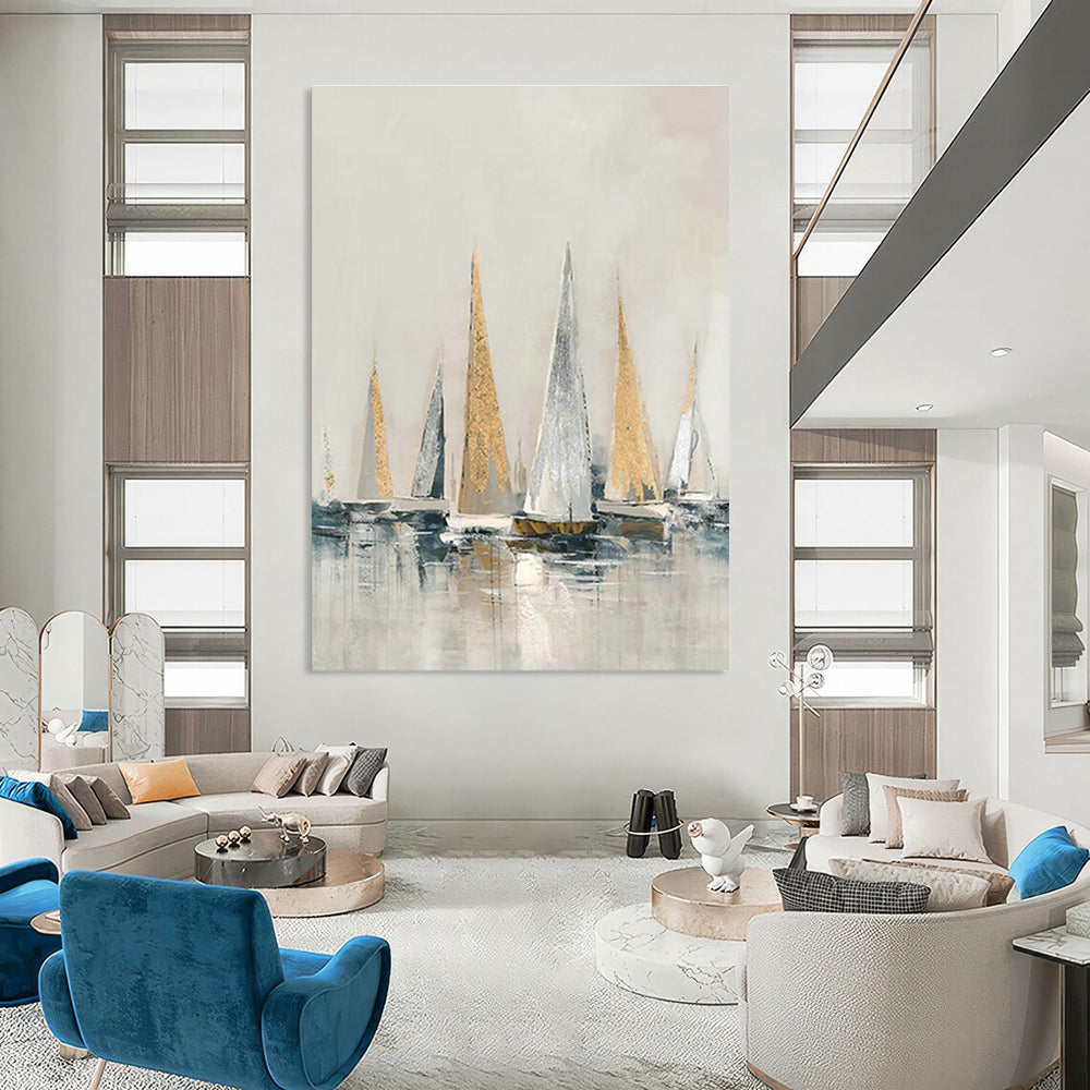 Gold - Accented Sailboat Art for Nautical Club Lounge & Coastal Hotel Lobby DLZ1423