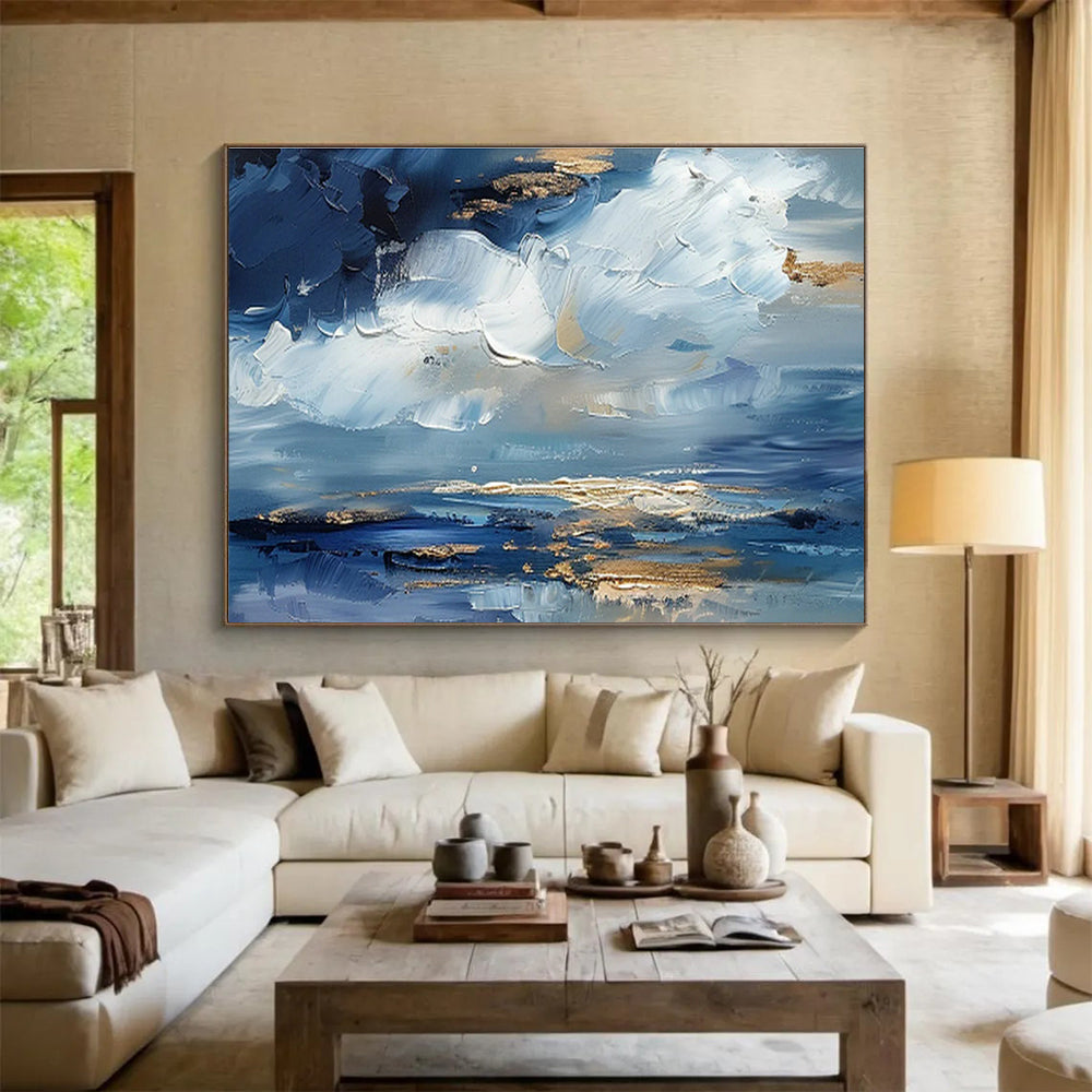 Impasto Blue - Gold Cloud Art for Serene Home Office Focus DLZ3068