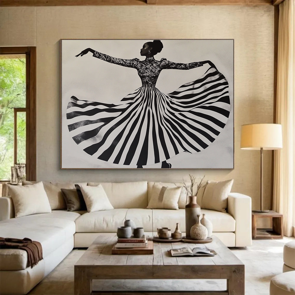 Dancing Figure in Striped Skirt Art for Fashion Boutique & Dance Studio SC426