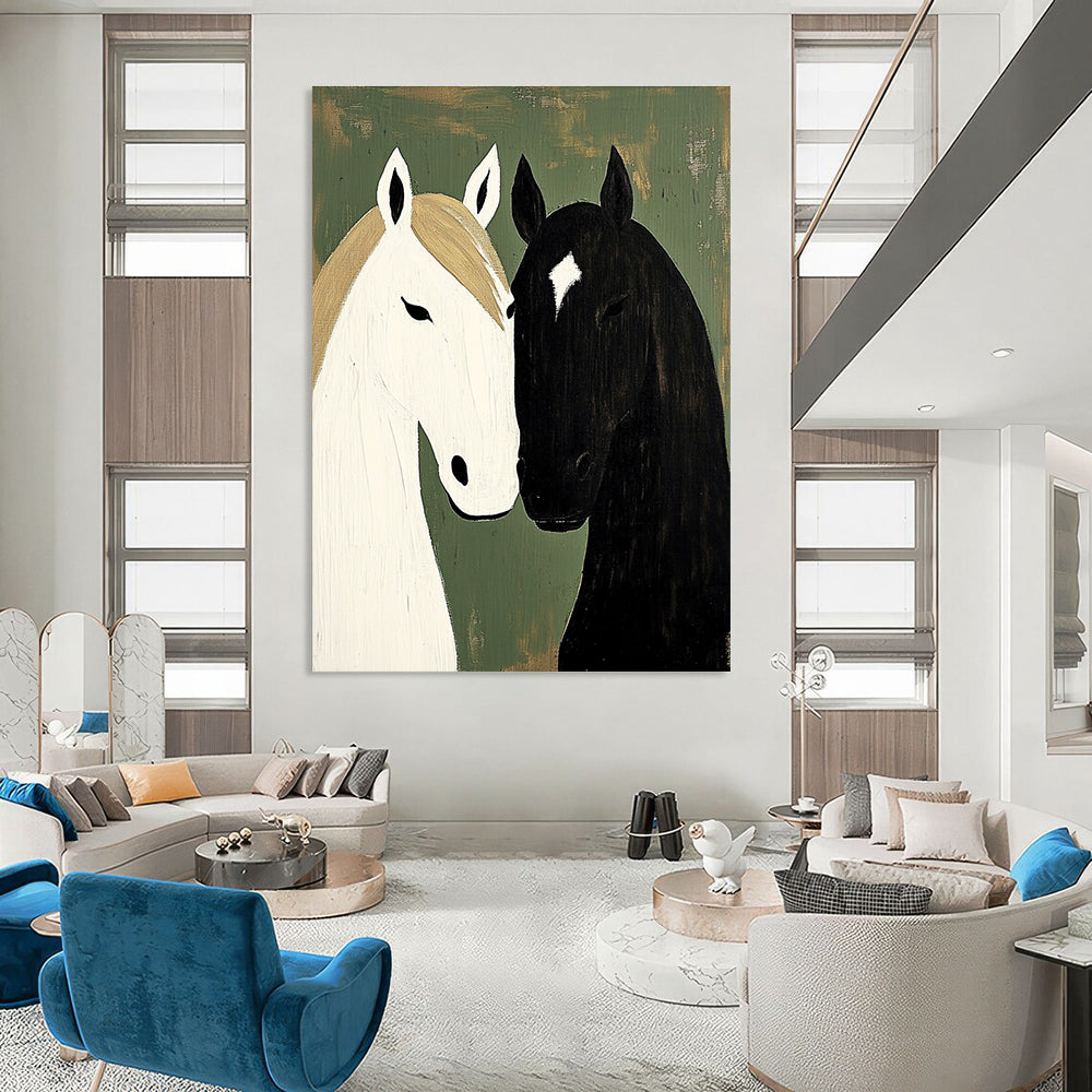 Black and White Horses  Minimalist Equine Art for Scandinavian - Style Home & Bohemian - Inspired Bedroom STSC1453