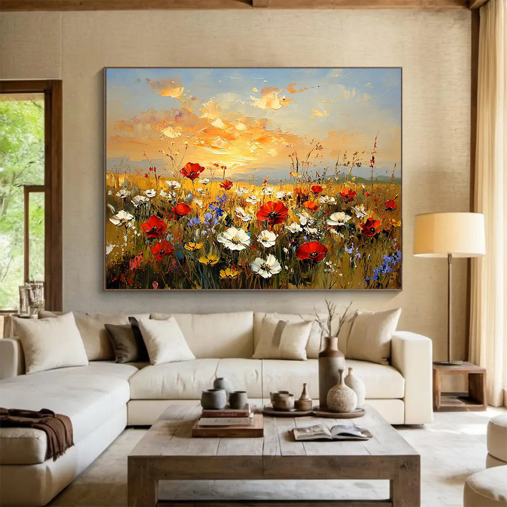 Flower Field at Sunset Art for Romantic Restaurant & Home Living Room SC464