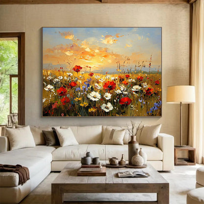Flower Field at Sunset Art for Romantic Restaurant & Home Living Room SC464