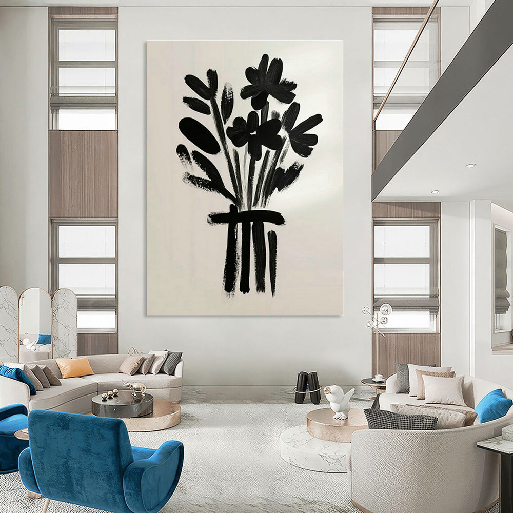 Black Floral Bouquet Art for Minimalist Dining Room & Monochrome Retail Store DLZ0698