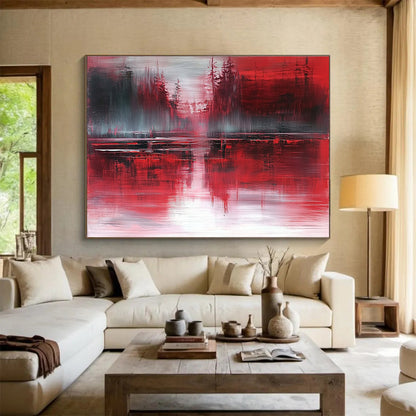 Red Forest Reflection Art for Rustic Cabin & Dark - Themed Bar SC155