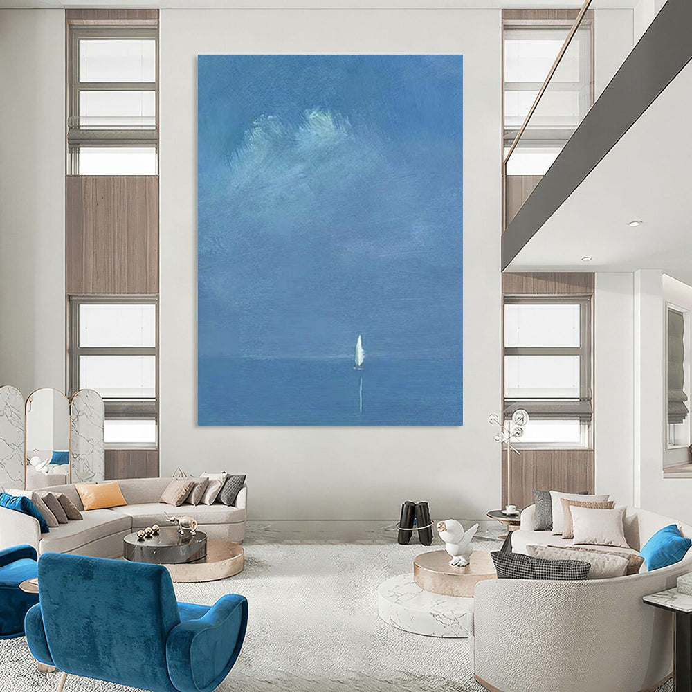 Solitary Sailboat on Blue Sea Art for Nautical Study Spaces DLZ0284