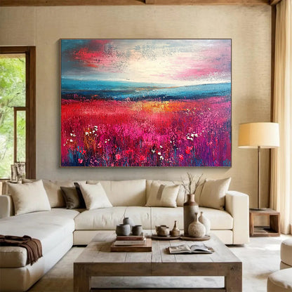 Vibrant Red Field Landscape Art for Nautical - Themed Restaurant & Coastal Home SC314