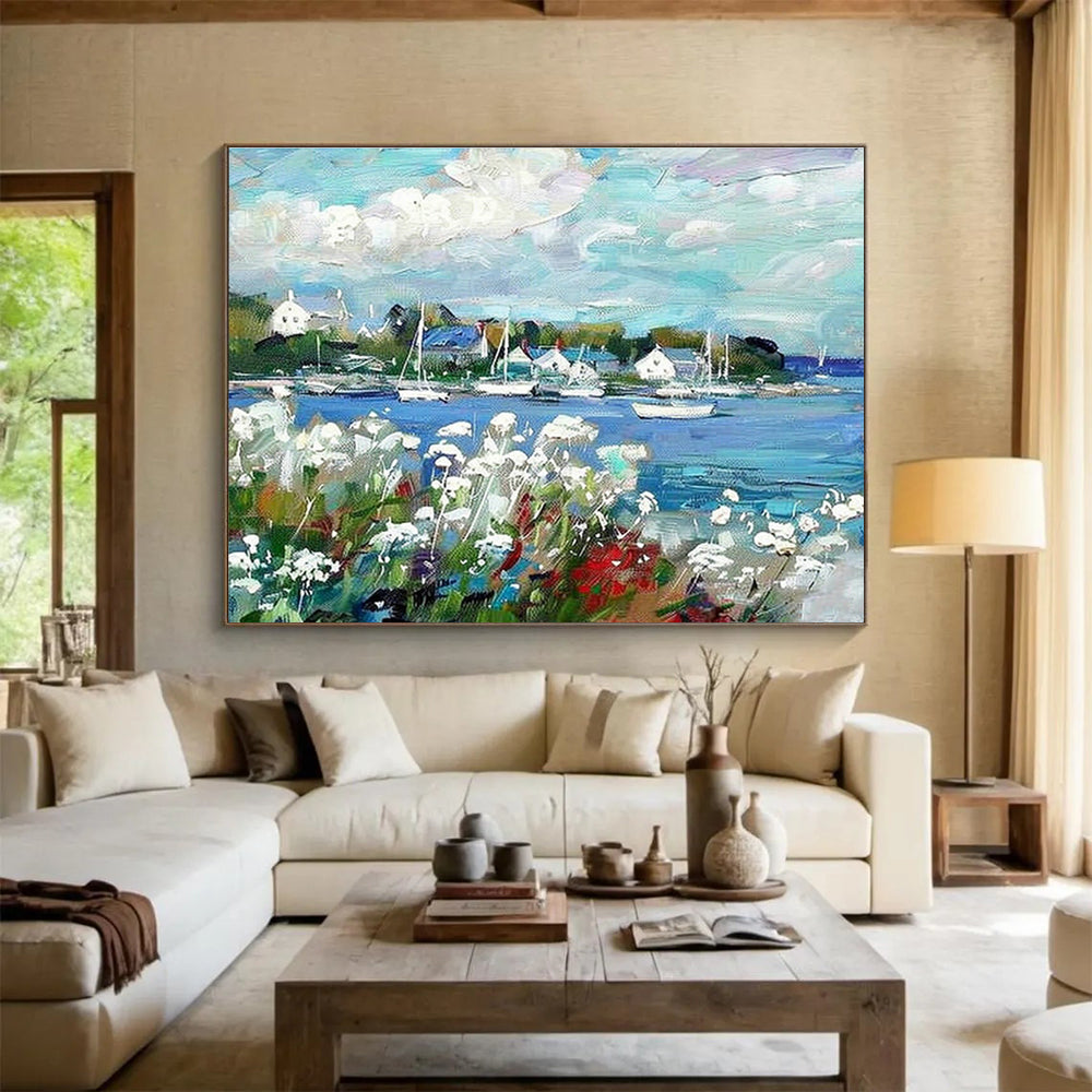 Coastal Town Landscape Art for Nautical - Themed Dining Area DLZ2834