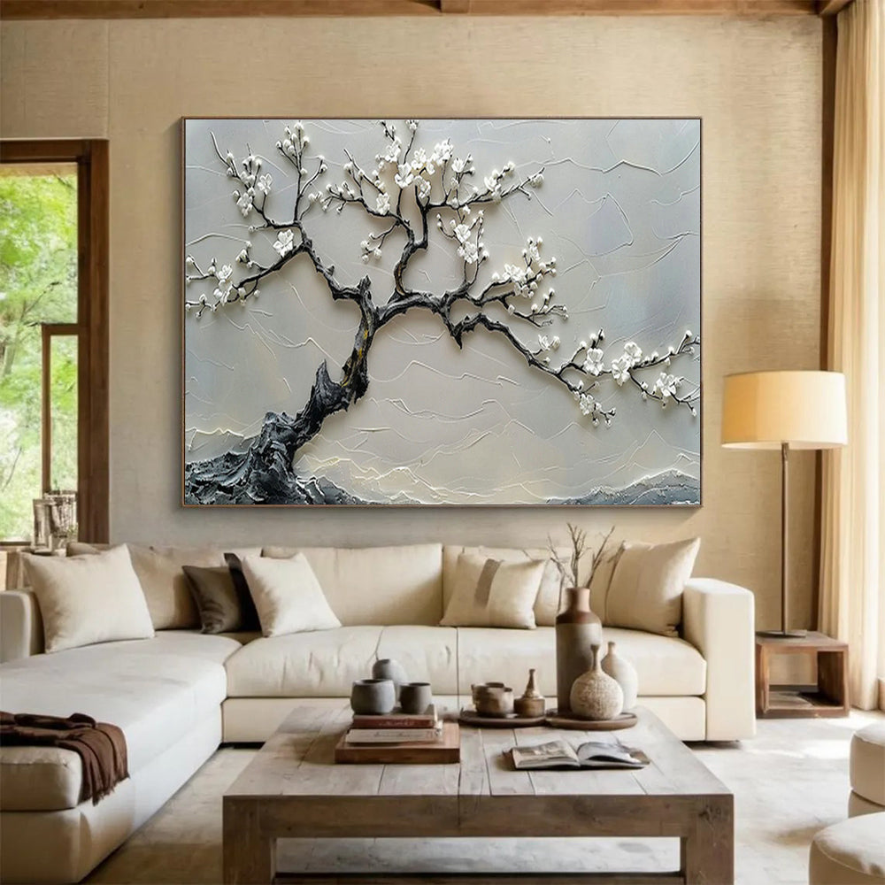 Textured White Blossom Tree Relief Art for Zen - Inspired Entryways DLZ3079