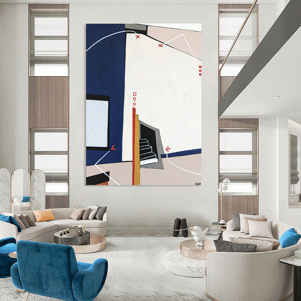 Blue - White - Red Geometric Abstract Art for Architectural Firm & Home Library DLZ1113