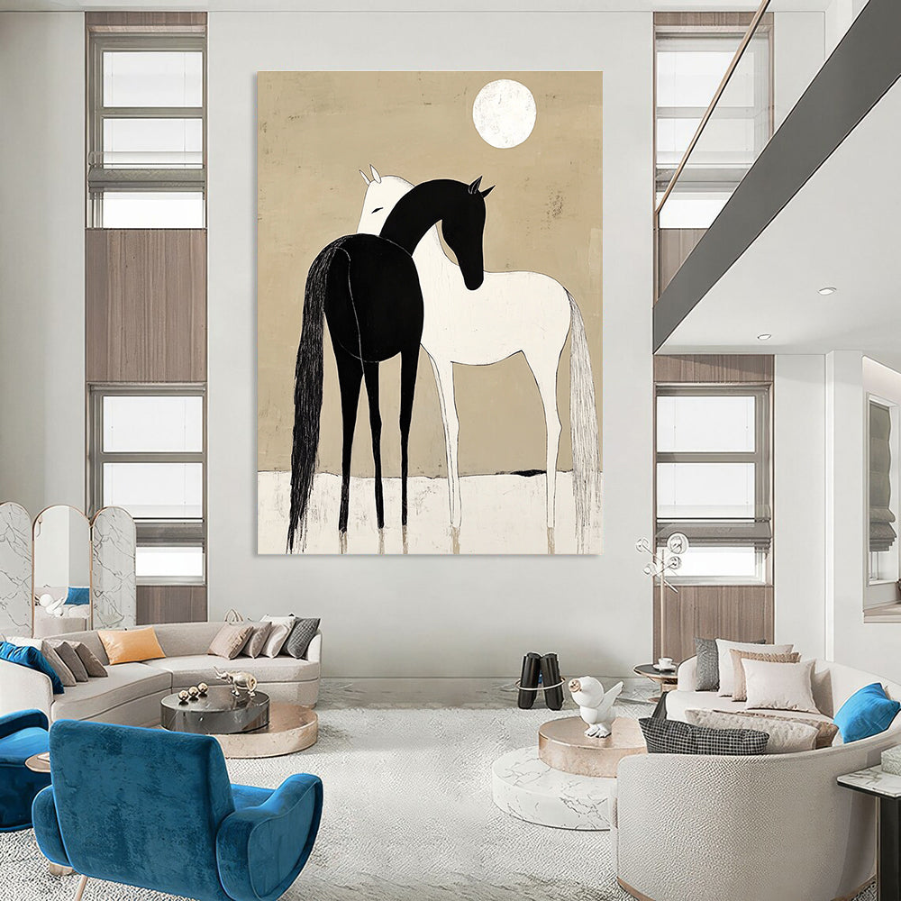 Black and White Horses Under Moon for Minimalist Bedroom & Spiritual Retreat Center STSC915