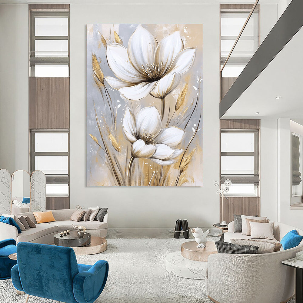 White and Gold Flowers Luxurious Floral Art for High - End Hotel Lobby & Glamorous Home Bedroom STSC1476