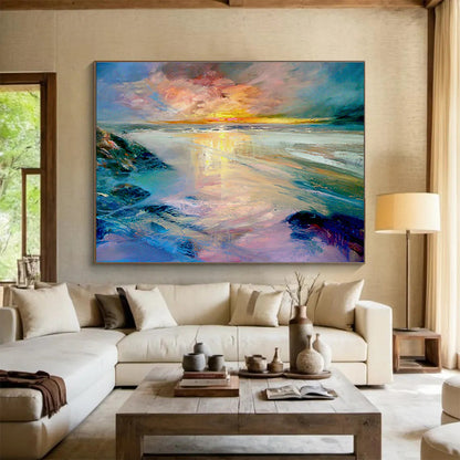 Beach Sunset Oil Painting for Coastal Home Living Room Fireplaces DLZ2597