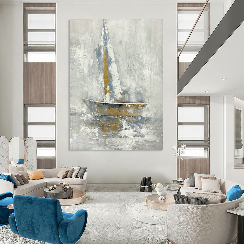 Gold - Silver - Grey Sailboat Art for Living Room & Study DLZ0470