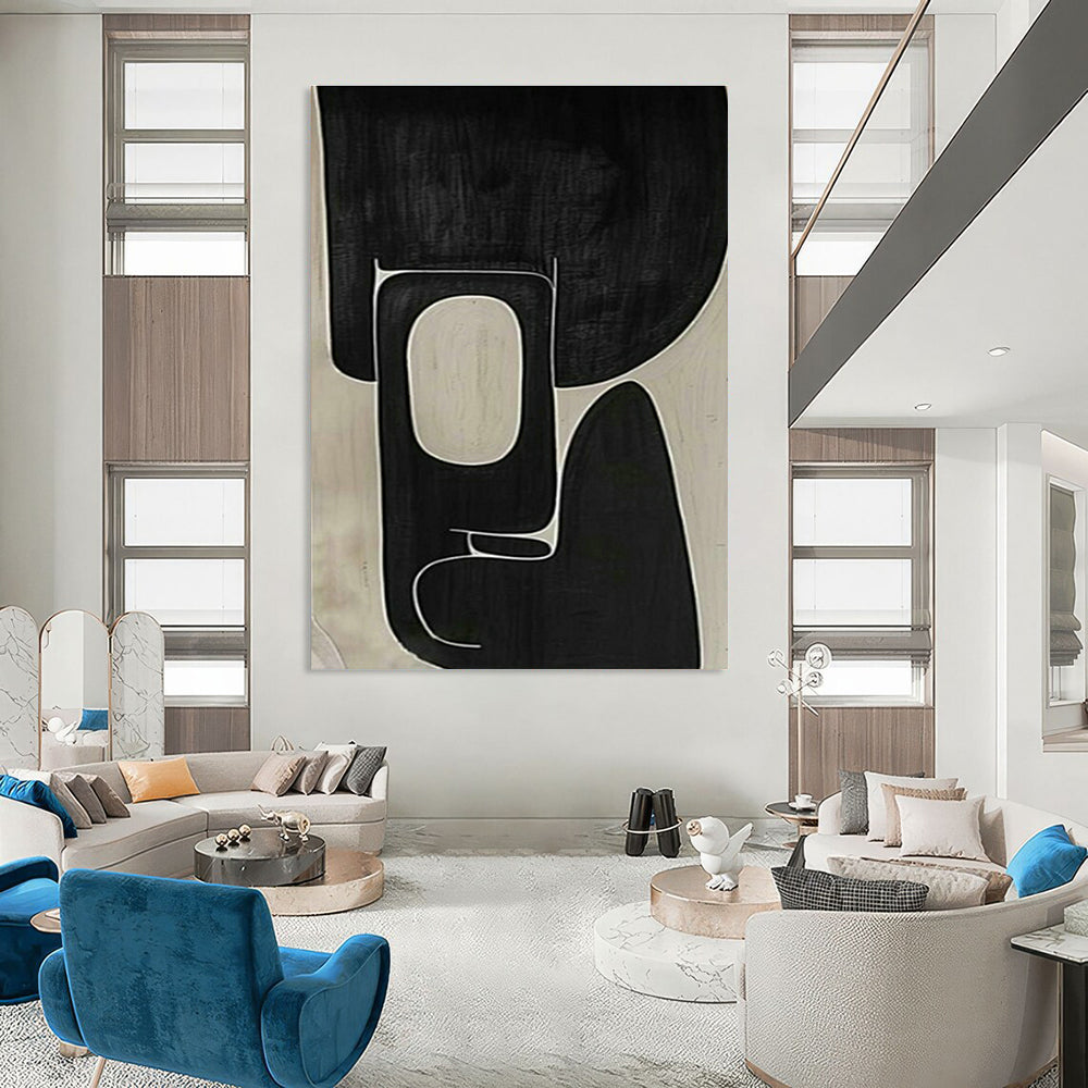 Black and White Curved Abstract Art for Mid - Century Modern Home & Art Gallery Corridor DLZ1976