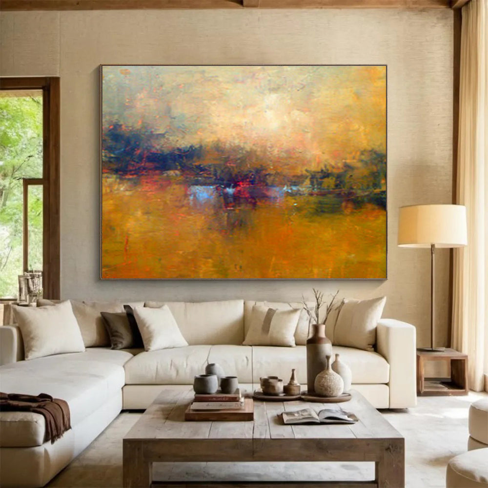 Warm Yellow Lakeside Landscape Artwork to Create a Cozy and Inviting Living Room Retreat DLZ2783