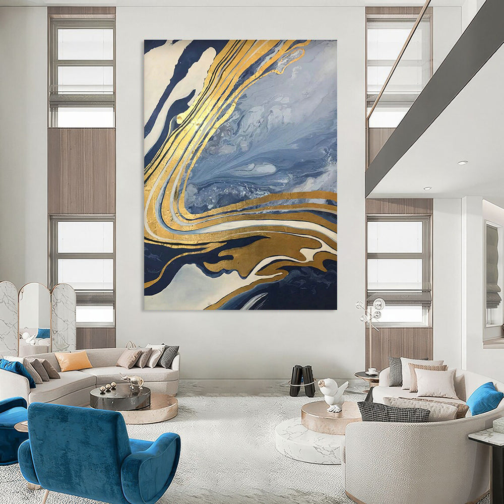 Blue - Gold Marble Abstract for High - End Jewelry Store & Luxury Penthouse Lounge DLZ0887