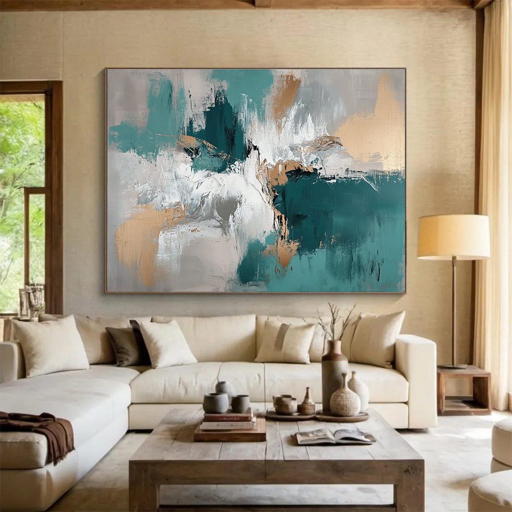 Teal - Gold Abstract Fusion Art for Luxury Hotel Ballroom & Upscale Home Dining Room SC243