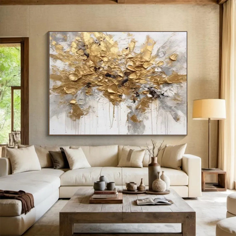 Dramatic Gold Abstract Floral Art for Bold Contemporary Lounge DLZ3062